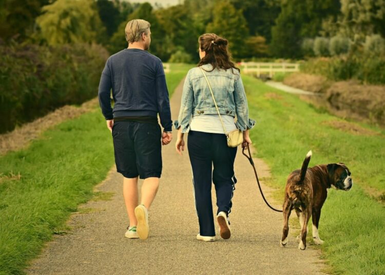 Casal passeando com cachorro.