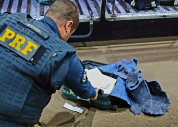 Policial da PRF verificando mala